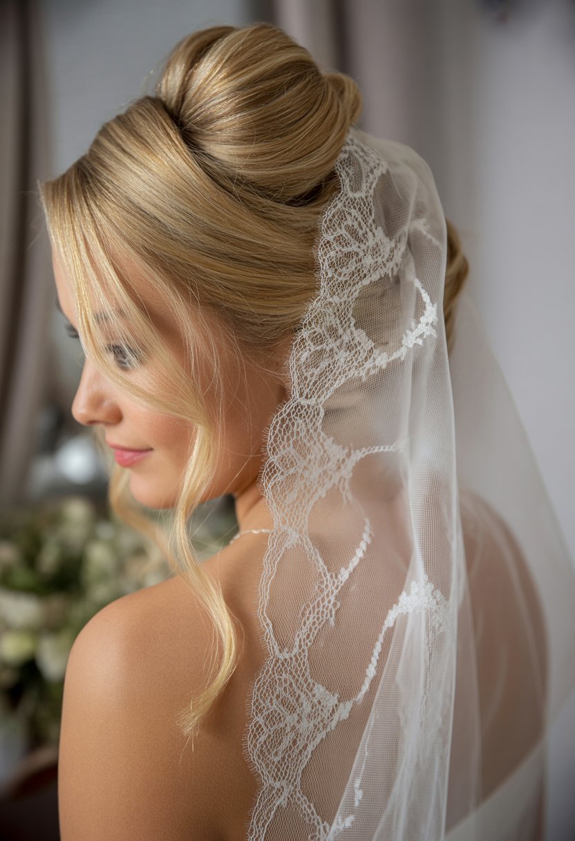 Bride with a twisted half-up half-down hairstyle wearing a lace mantilla veil over her head and shoulders.