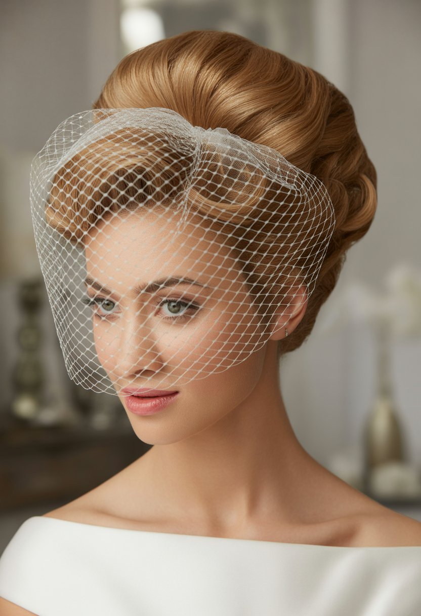 Bride with voluminous curled hairstyle and elbow-length veil wearing a white wedding dress in a studio setting.