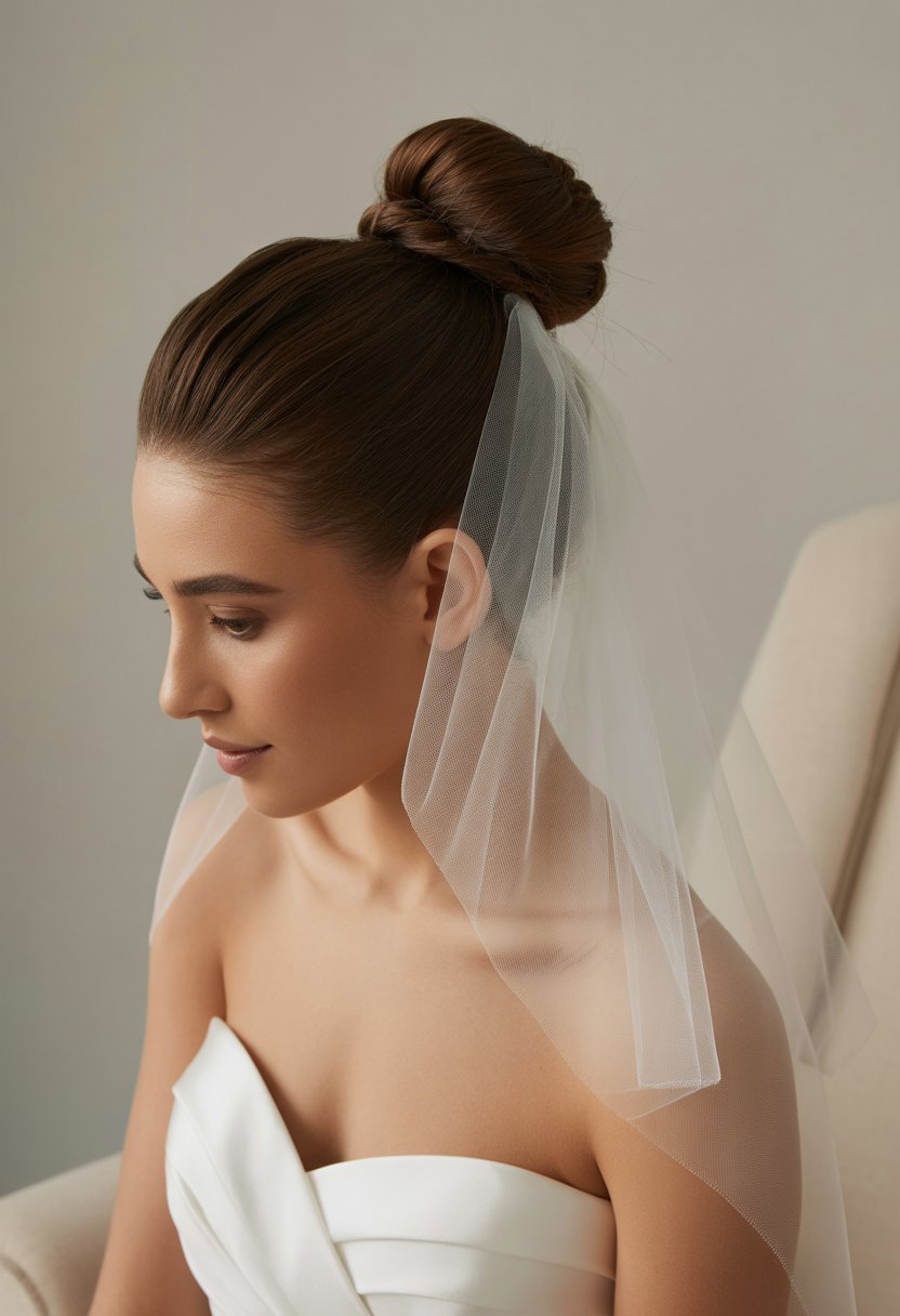 Bride with a polished top knot hairstyle wearing a shoulder-length veil.