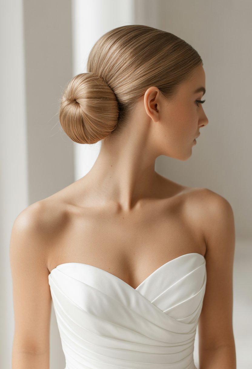 A woman wearing a strapless white dress with her hair styled in a smooth bun, photographed from the shoulders up against a plain background.