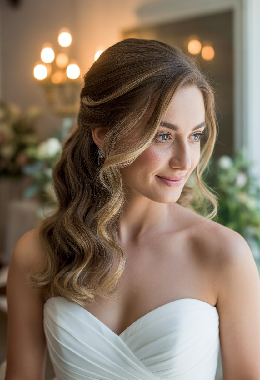 Close-up of a smiling bride with loose wavy hair wearing a strapless wedding dress.
