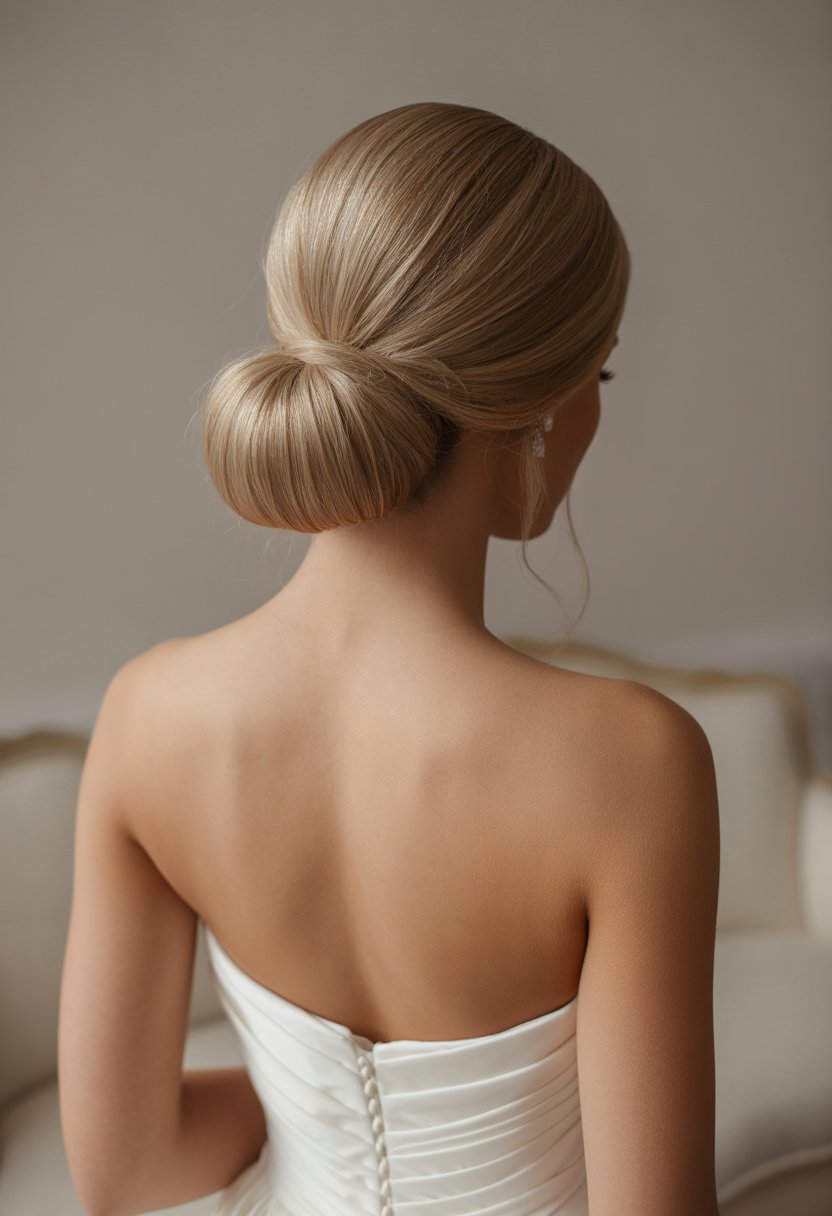 Bride wearing a strapless wedding dress with her hair styled in a low chignon, standing against a neutral background.