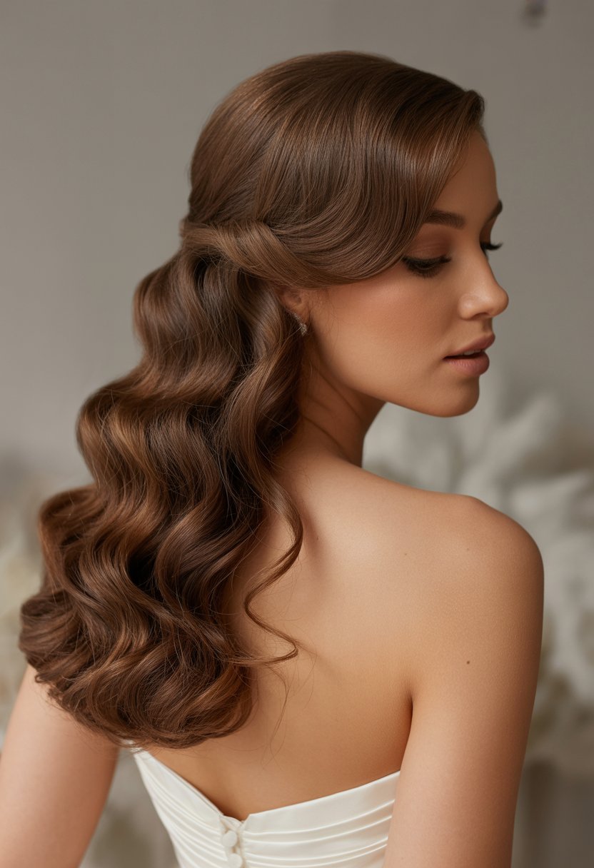 Woman with curled hair styled half-up half-down wearing a strapless wedding dress.