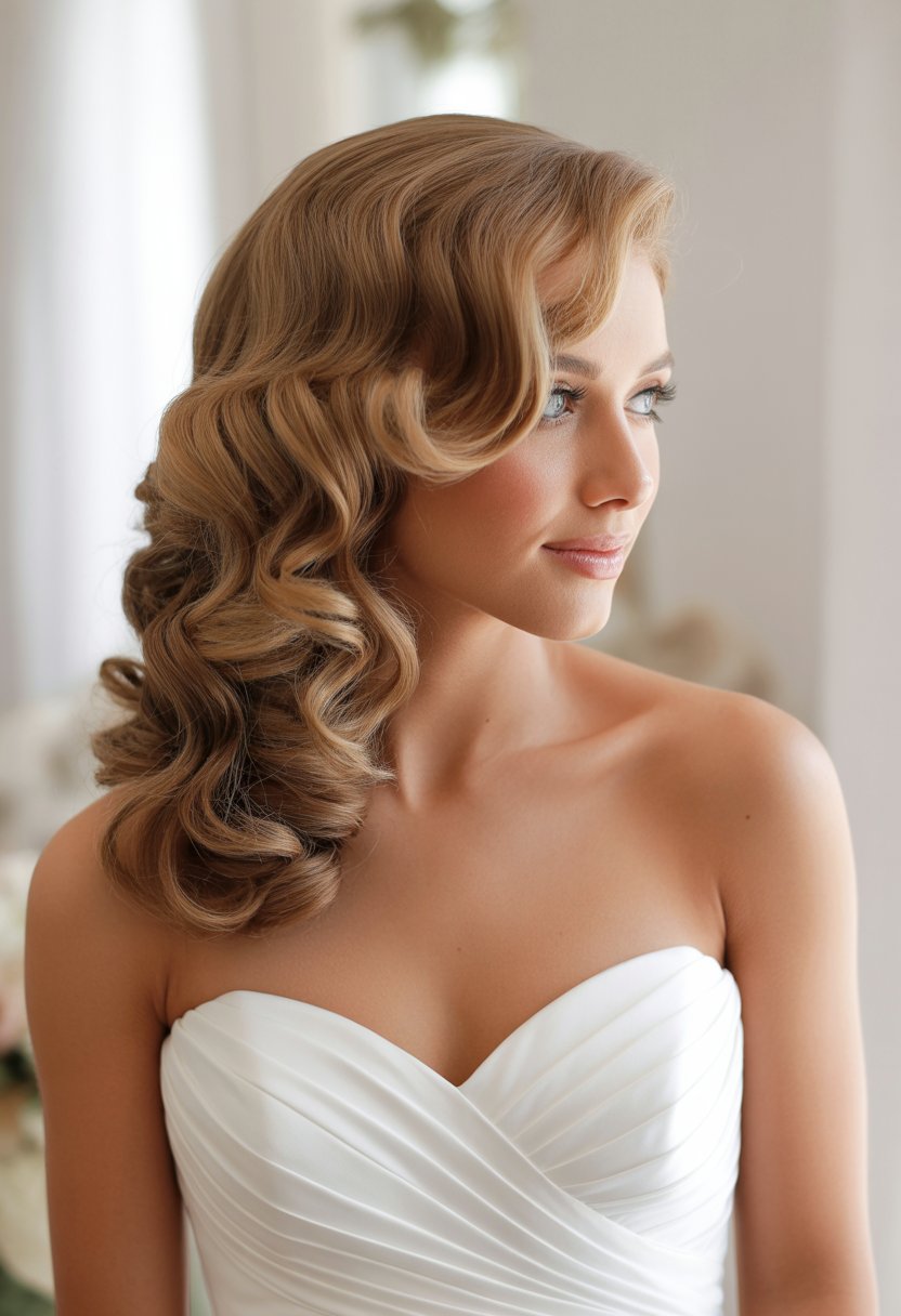 A bride with side-swept curly hair wearing a strapless wedding dress.