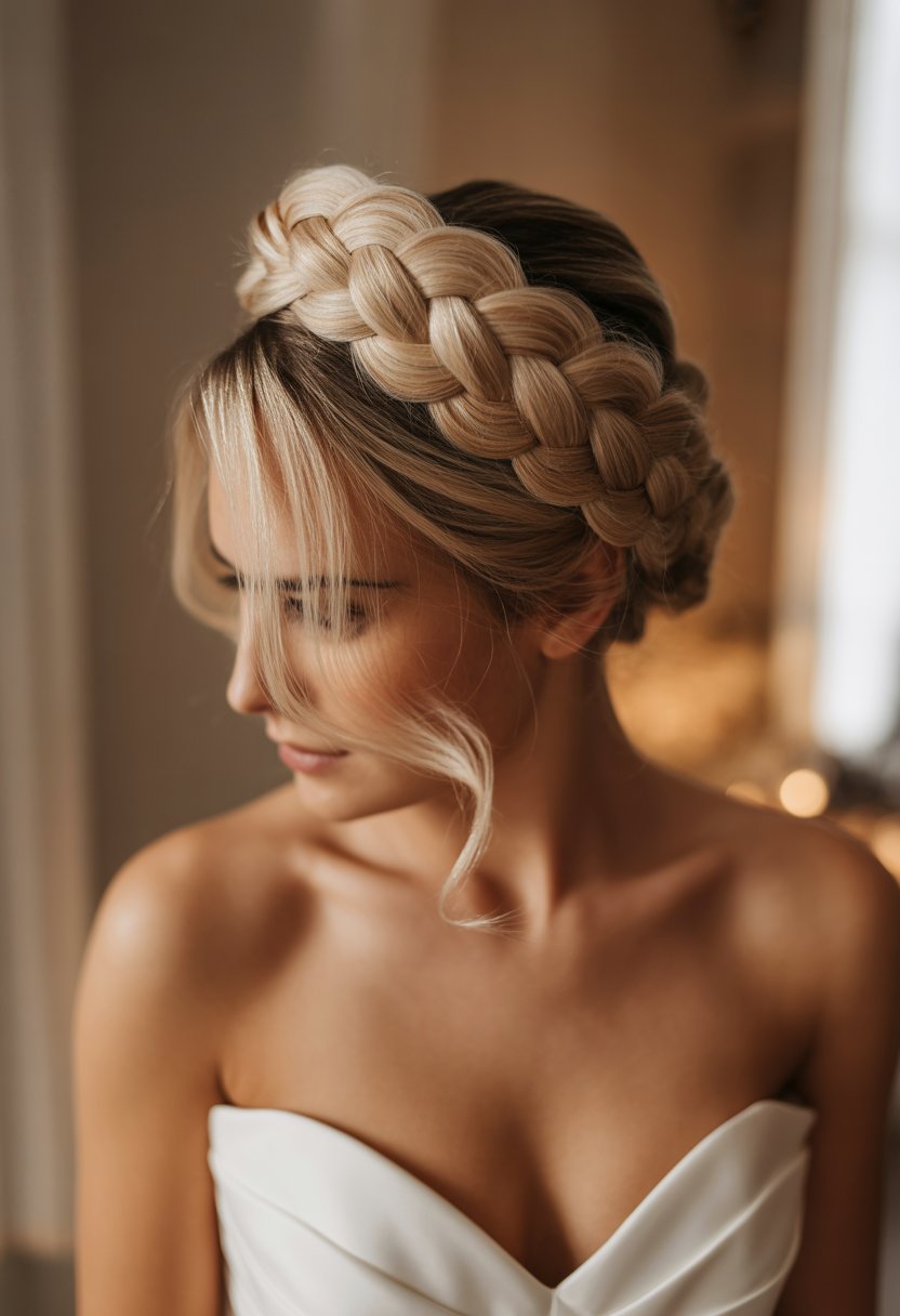 Close-up of a woman with a textured braid crown hairstyle wearing a strapless white dress.