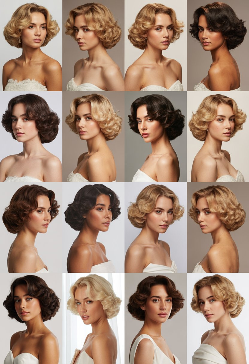 A group of women wearing strapless dresses displaying various wedding hairstyles with soft volume and blowout styles.