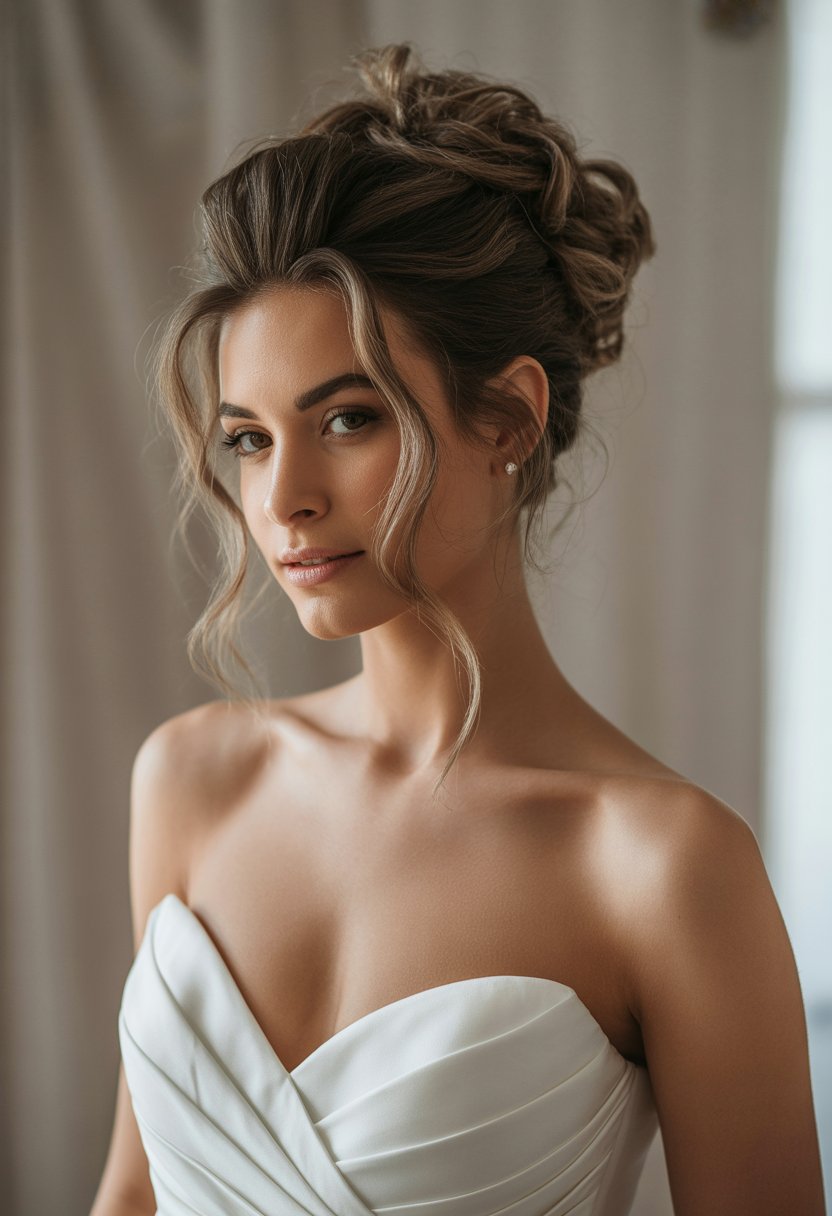 A woman with a messy updo hairstyle and tendrils wearing a strapless wedding dress, photographed from the shoulders up.