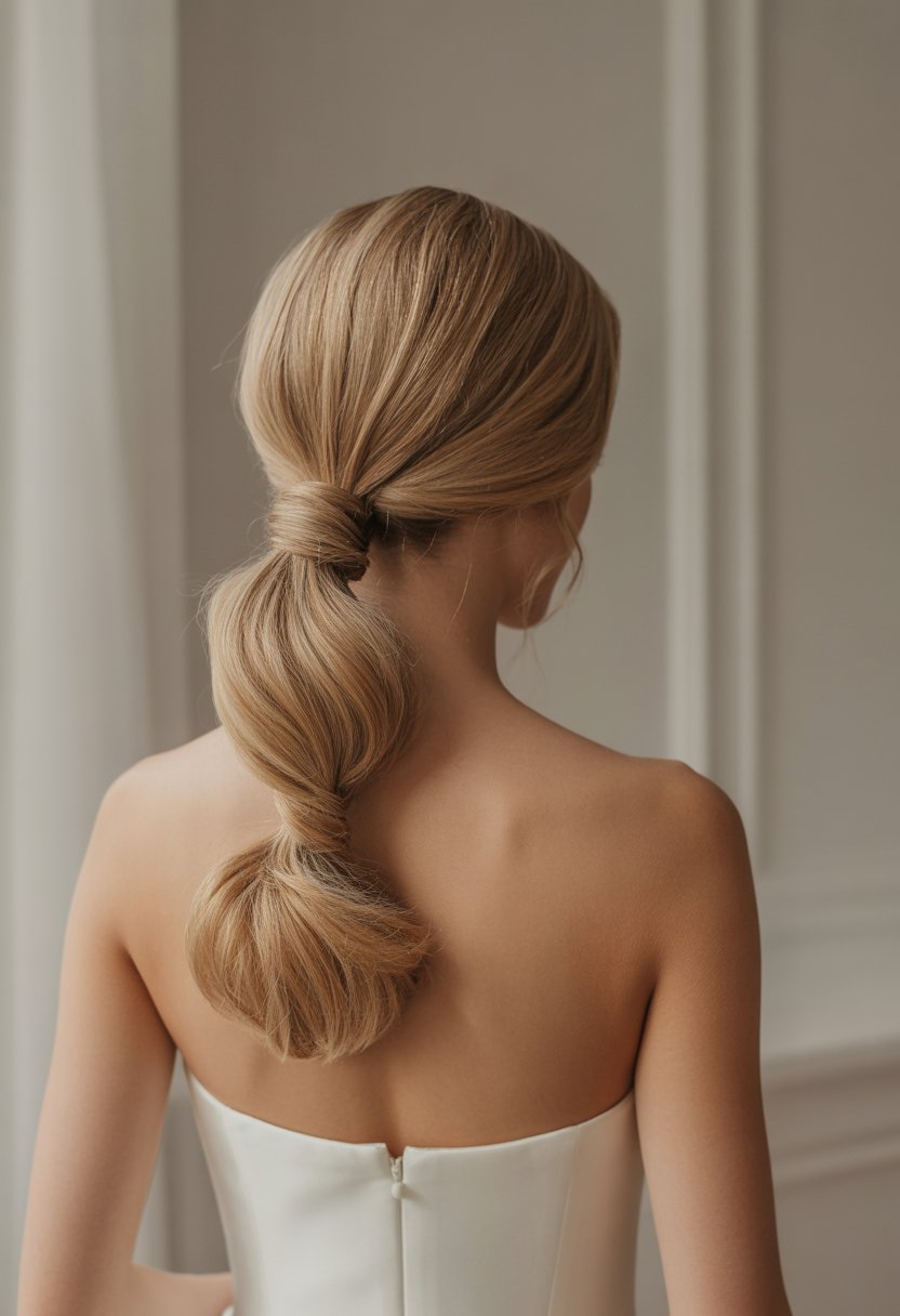 Woman seen from behind wearing a strapless dress with her hair styled in a twisted low ponytail.