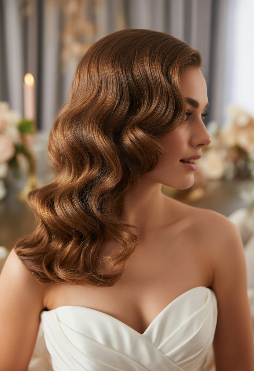 Close-up of a woman wearing a strapless white dress with wavy hair styled elegantly, standing in a softly lit setting.