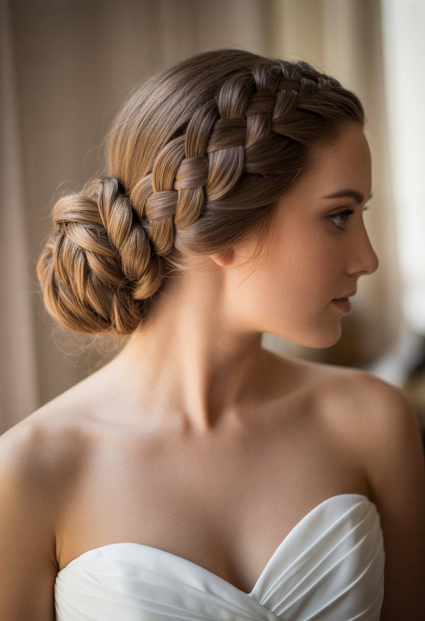 Close-up of a woman with a braided side bun hairstyle wearing a strapless wedding dress.