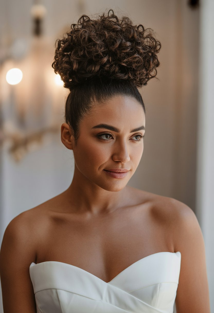 A woman with a curly top knot hairstyle wearing a strapless white dress, shown from the shoulders up.