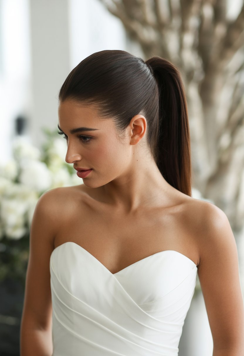 A woman wearing a strapless white dress with her hair styled in a high ponytail.