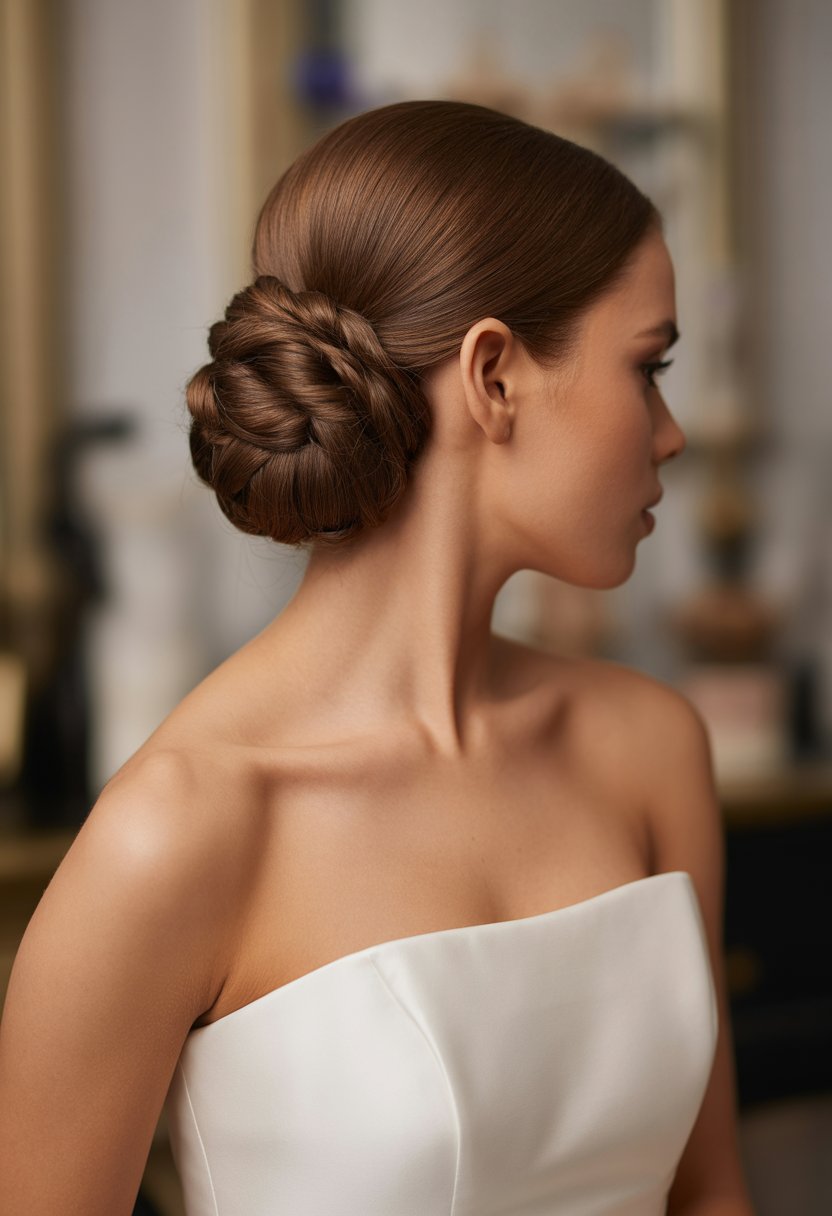Close-up of a woman with a low twisted chignon hairstyle wearing a strapless white dress.