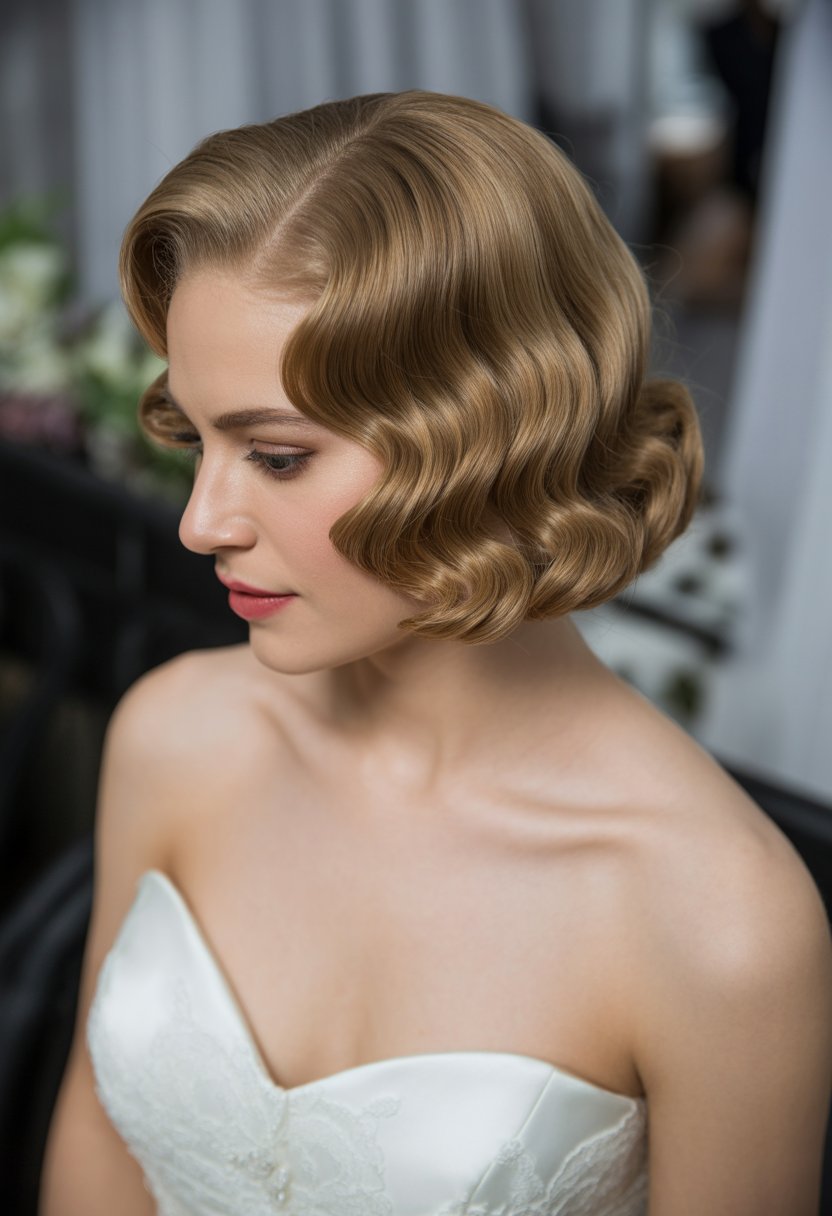 Close-up portrait of a bride wearing a strapless wedding dress with neatly styled hair in finger waves.