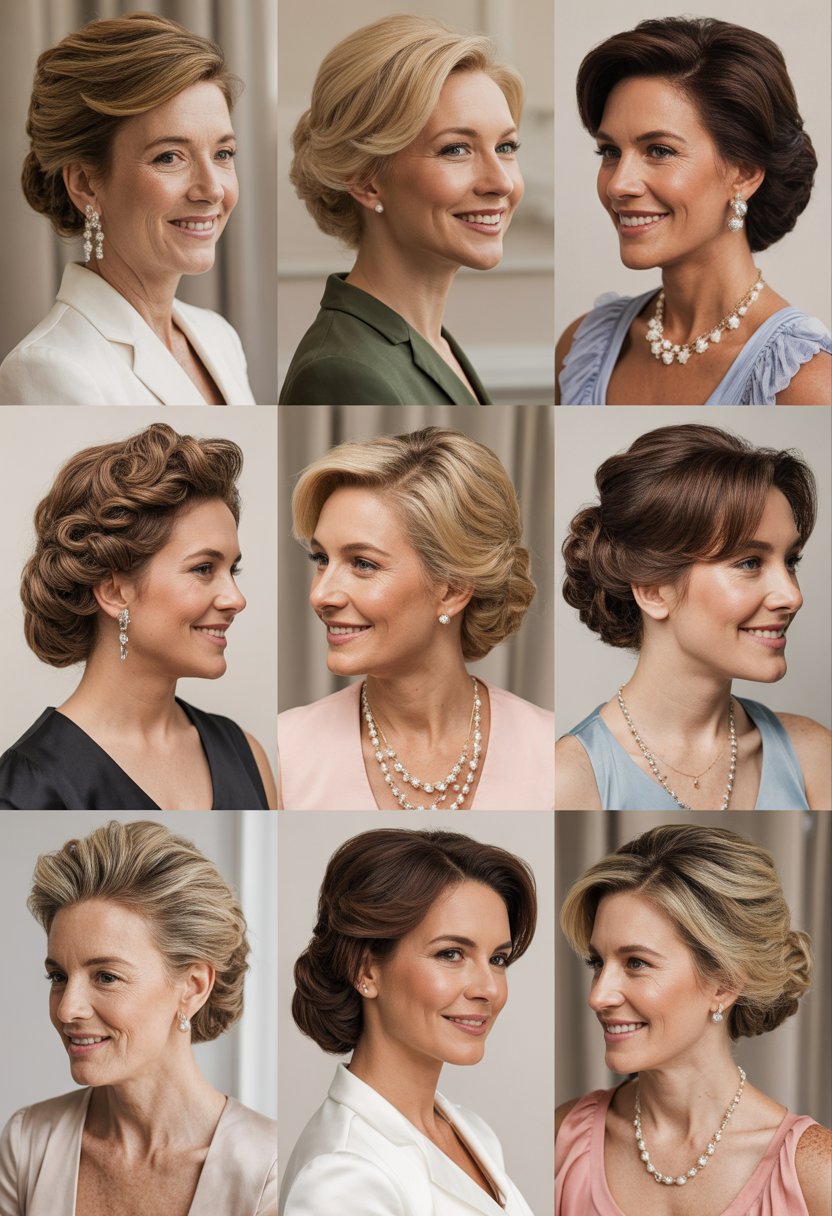 A group of women with various elegant hairstyles posed together in a studio setting.
