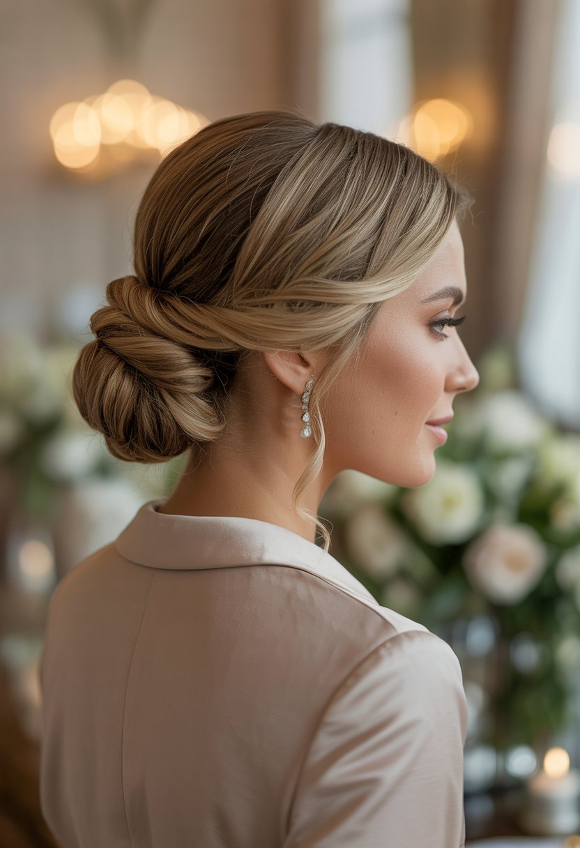 A woman with a low twisted bun hairstyle dressed elegantly at a wedding venue.
