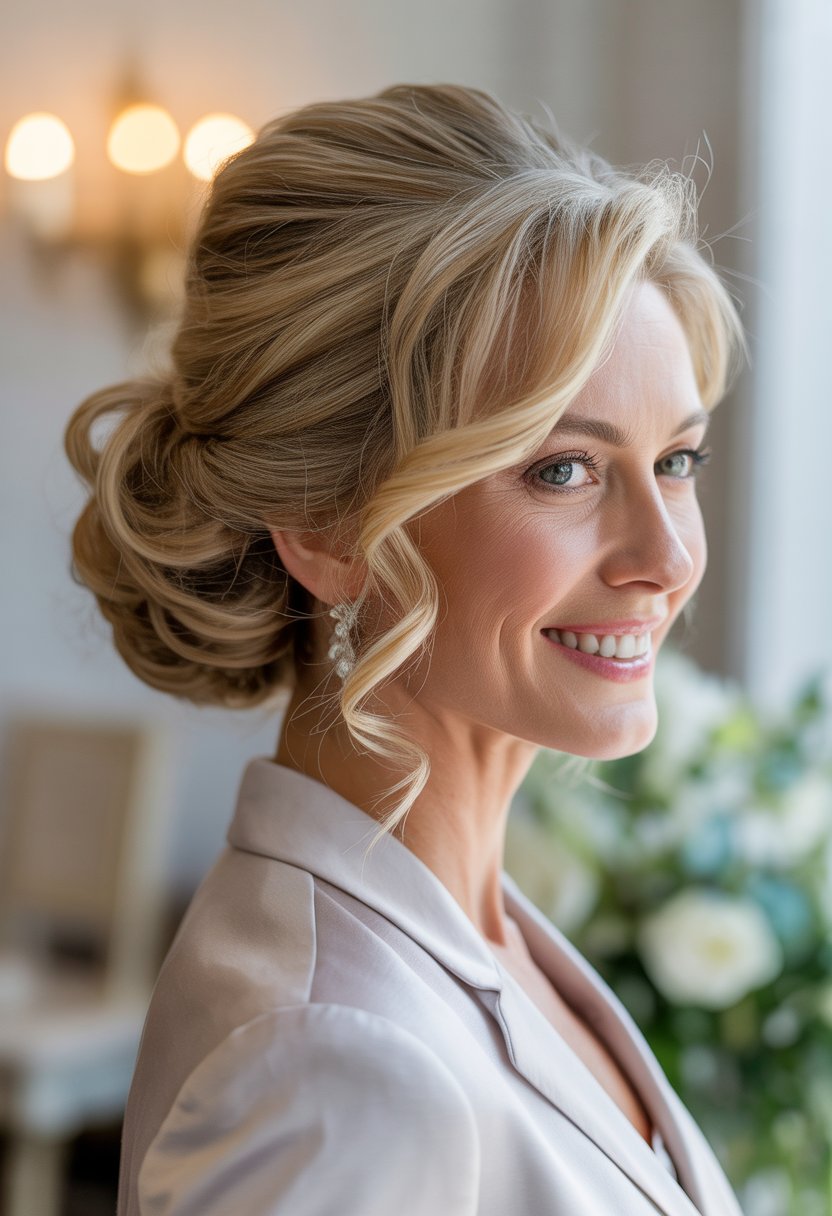 A mature woman smiling softly with her hair styled in an elegant chignon, dressed for a wedding.
