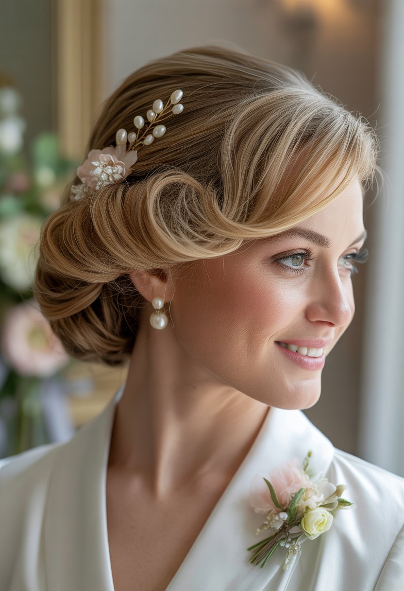 Close-up of a woman with an elegant updo hairstyle adorned with decorative hair accessories, smiling gently.
