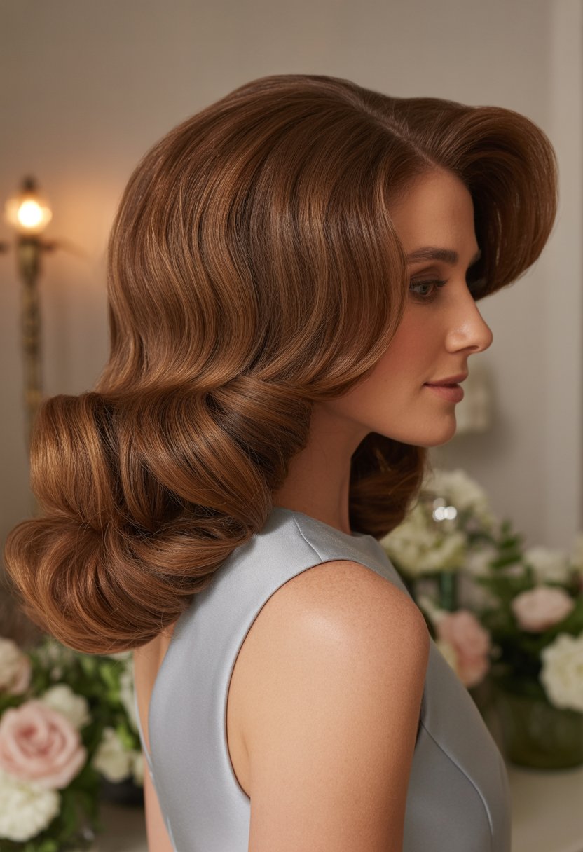 A woman dressed for a wedding with voluminous, sleek styled hair standing indoors with floral decorations in the background.