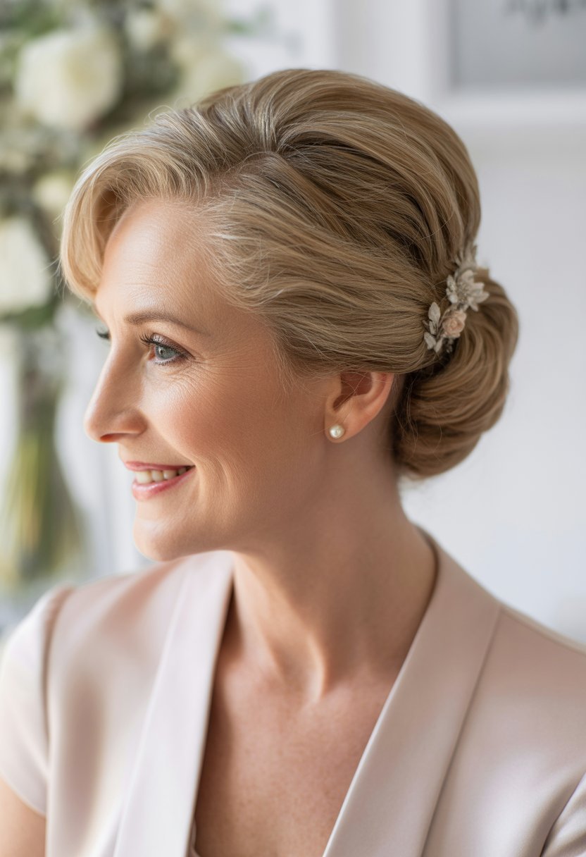 A mature woman with an elegant updo hairstyle, smiling softly and dressed in formal attire.