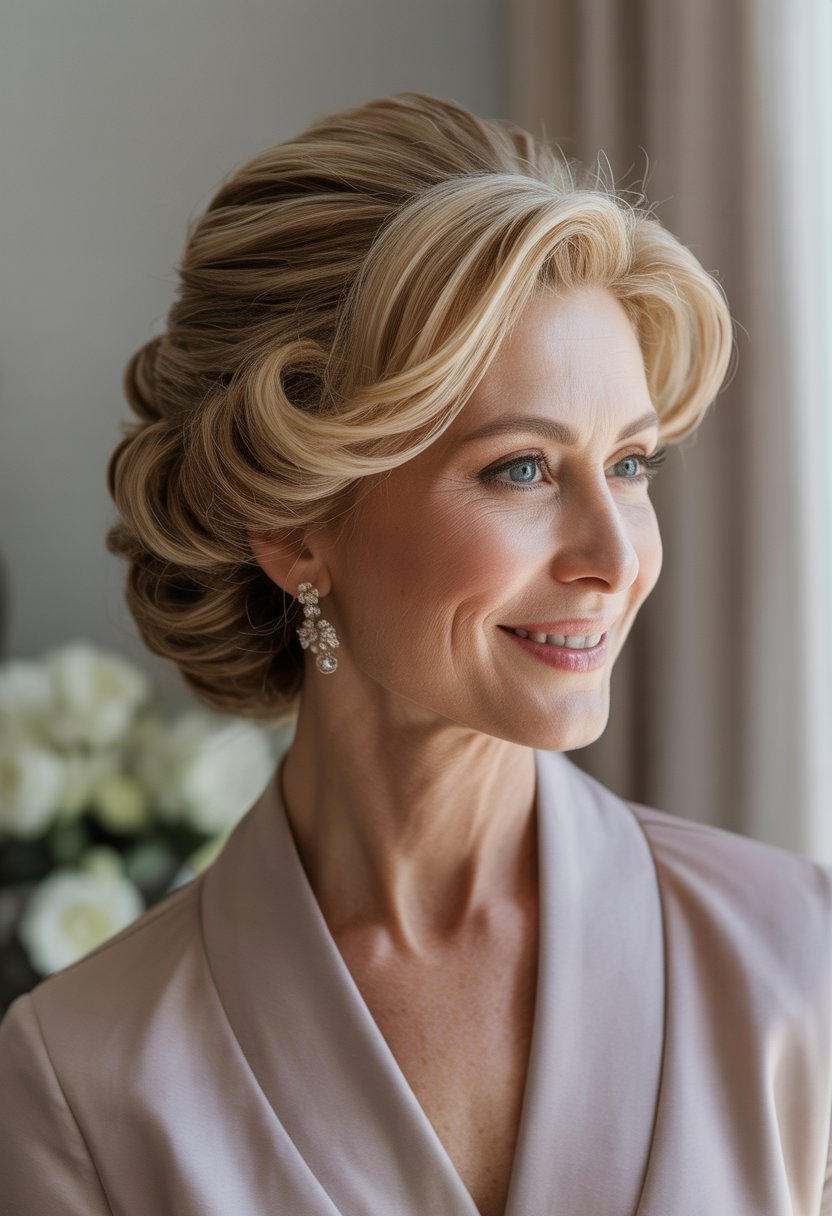 A middle-aged woman with an elegant updo hairstyle smiling gently in a softly lit setting.