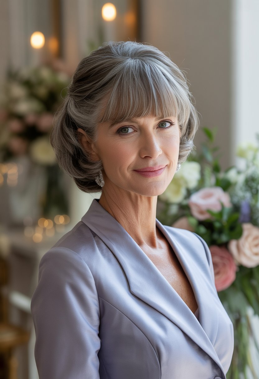A mature woman with short grey hair and bangs smiling indoors at a wedding event.