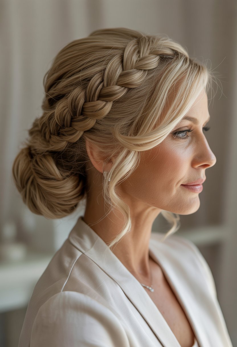 A mature woman with a low braided bun hairstyle, dressed elegantly for a wedding.