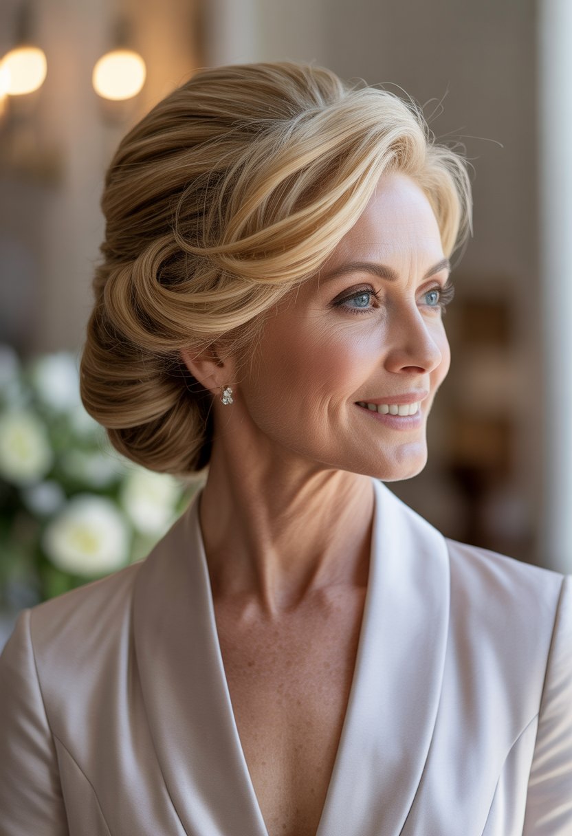 A mature woman with a classic hair bun updo wearing formal attire, posing in a softly lit setting.