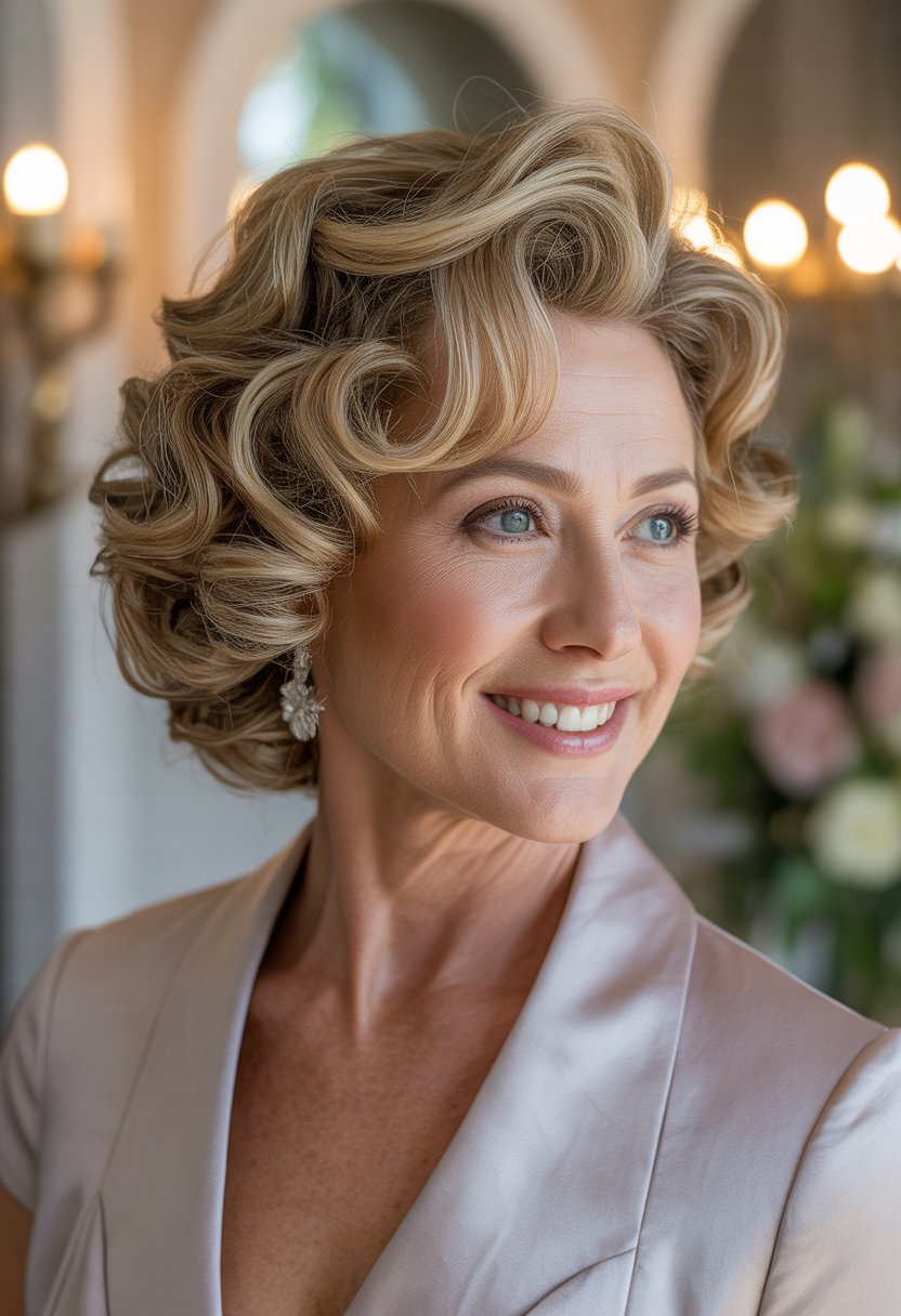 A mature woman with elegant curly hair dressed formally, smiling gently in a softly lit setting.
