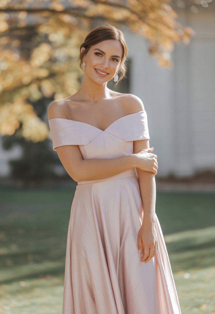 A woman standing outdoors wearing a pastel off-the-shoulder midi dress with autumn leaves in the background.