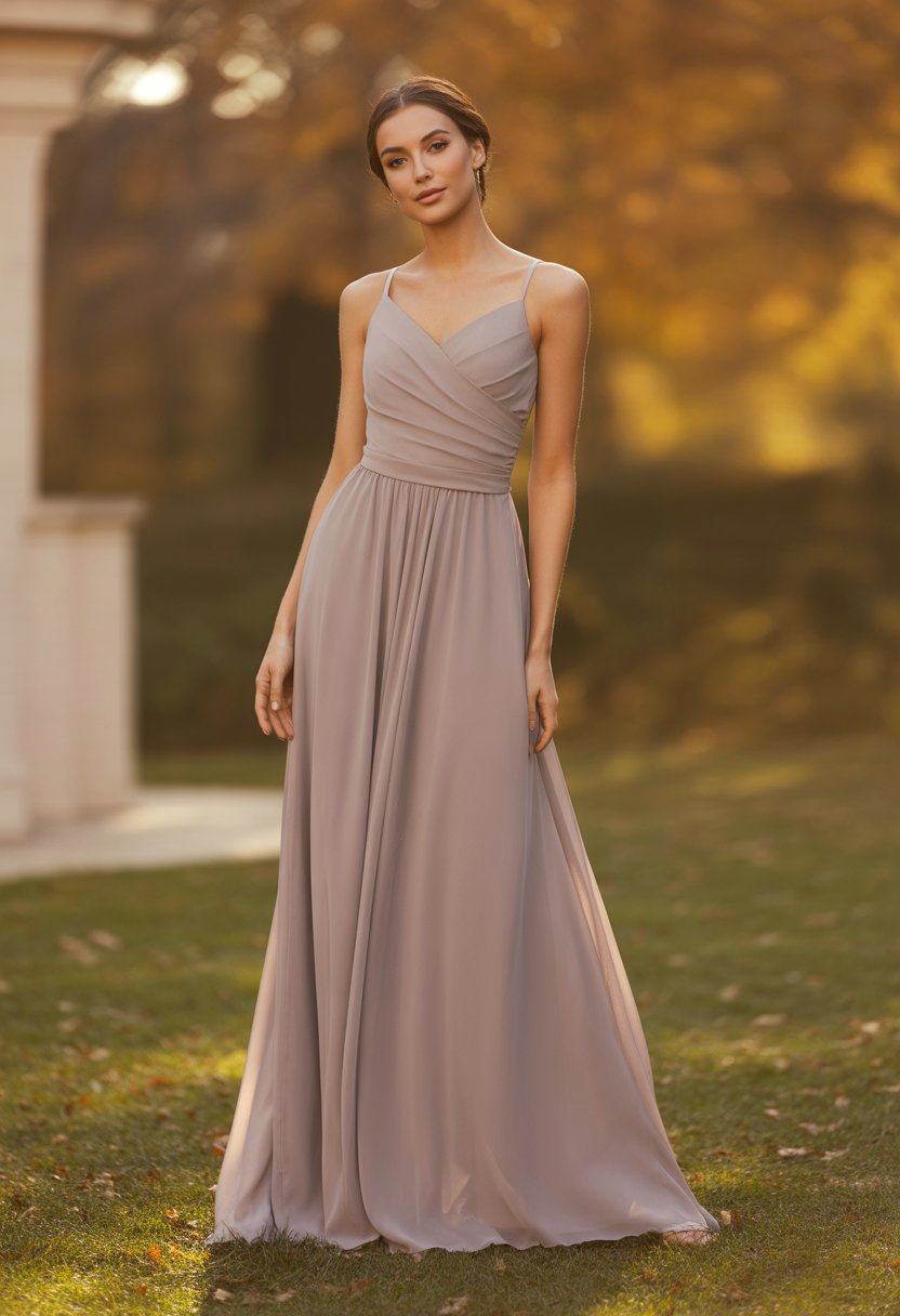 A woman wearing a long chiffon dress with a cinched waist stands outdoors among autumn leaves.