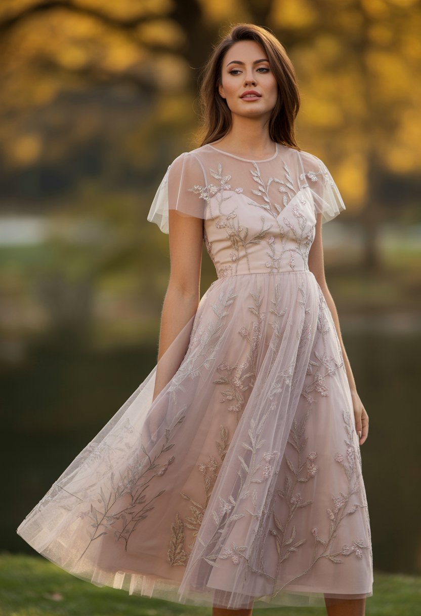 A woman standing outdoors in a flowing dress with delicate embroidery, surrounded by autumn foliage.