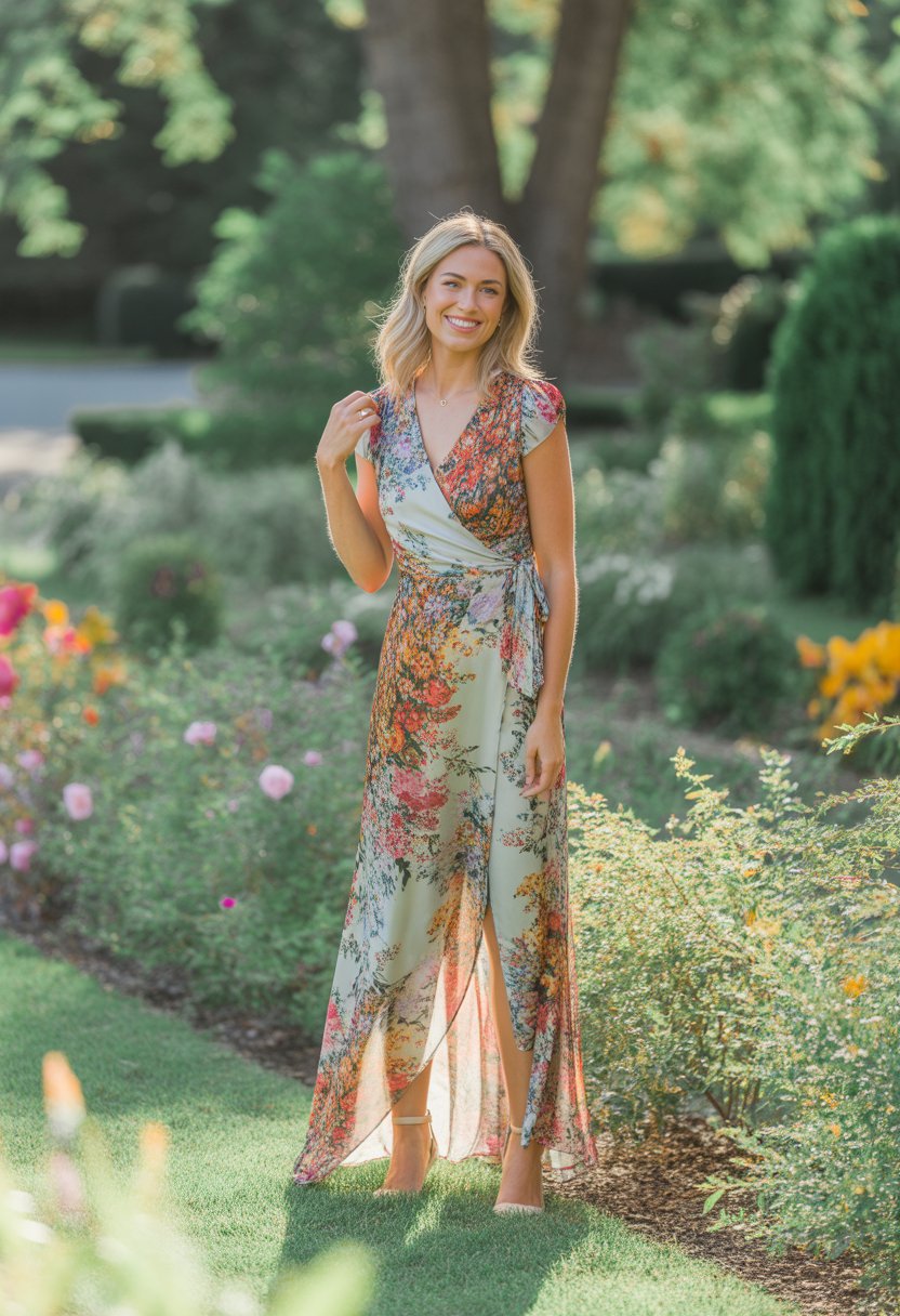 A woman wearing a floral wrap dress stands smiling in a sunlit garden surrounded by flowers and greenery.