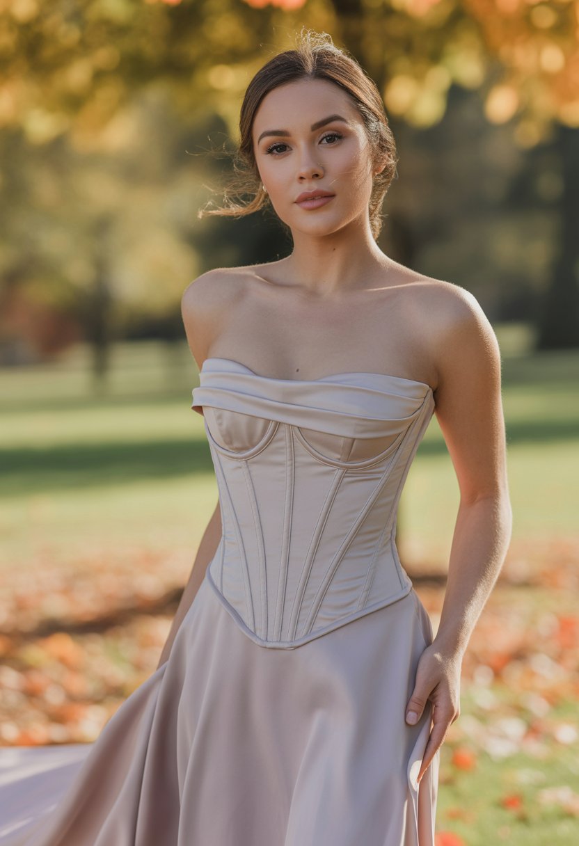 A woman wearing a corset bodice dress with a flowing skirt stands outdoors surrounded by autumn leaves.