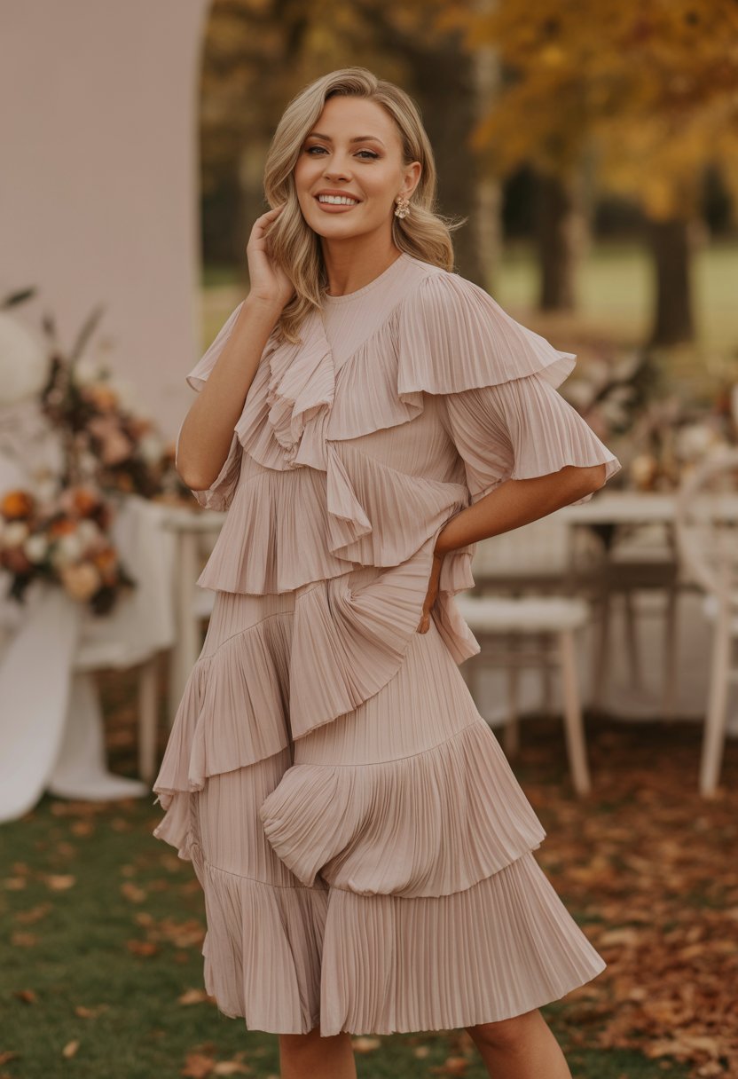 A woman in a tiered ruffle dress standing outdoors at a wedding venue surrounded by autumn leaves.