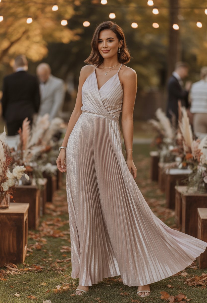A woman wearing a long pleated dress standing outdoors at a wedding in autumn.