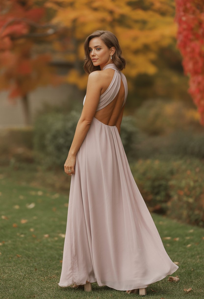 A woman standing outdoors wearing a light flowing halter-neck dress with an open back, surrounded by autumn foliage.
