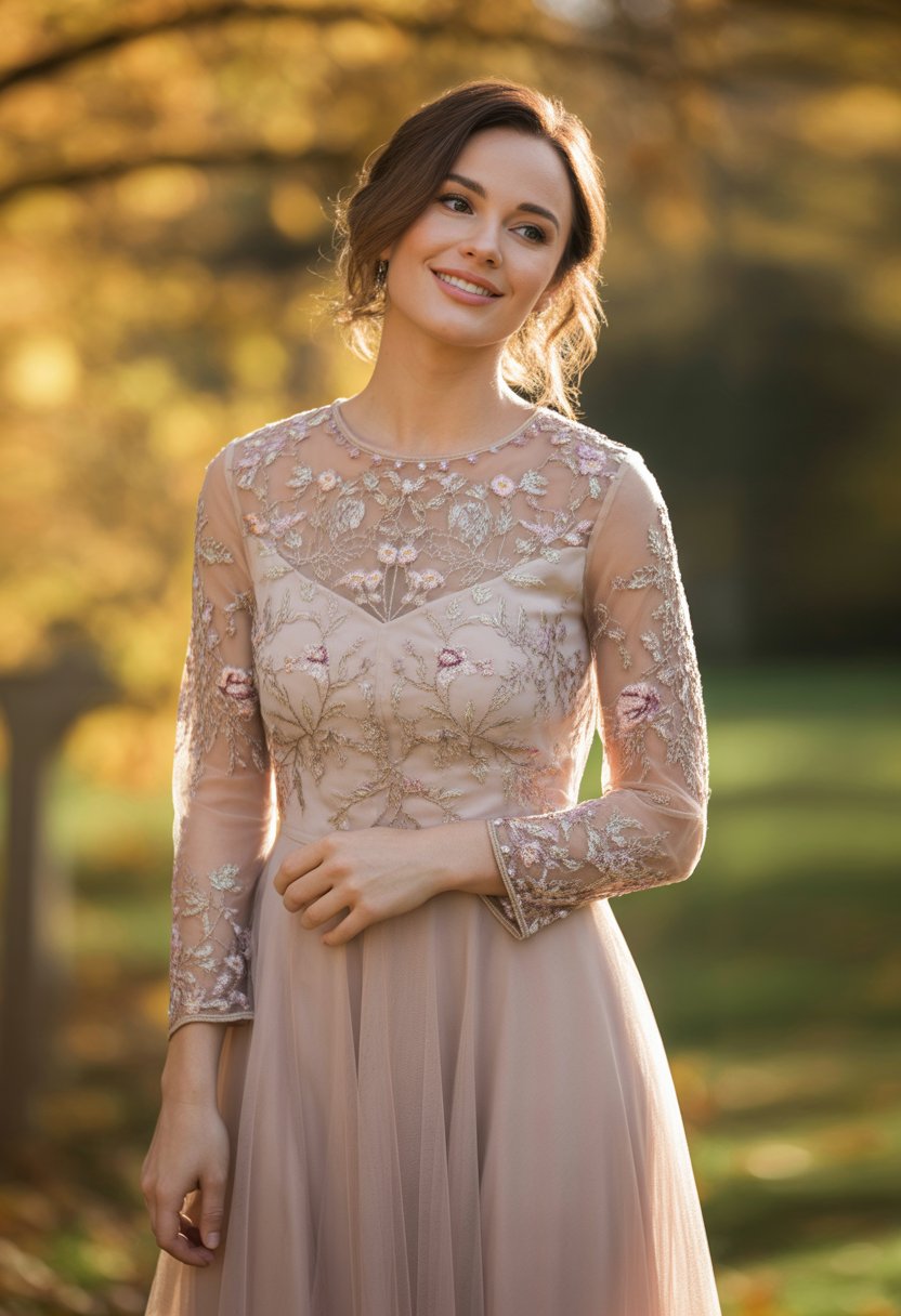 A woman standing outdoors in an autumn garden wearing a detailed embroidered mesh dress.