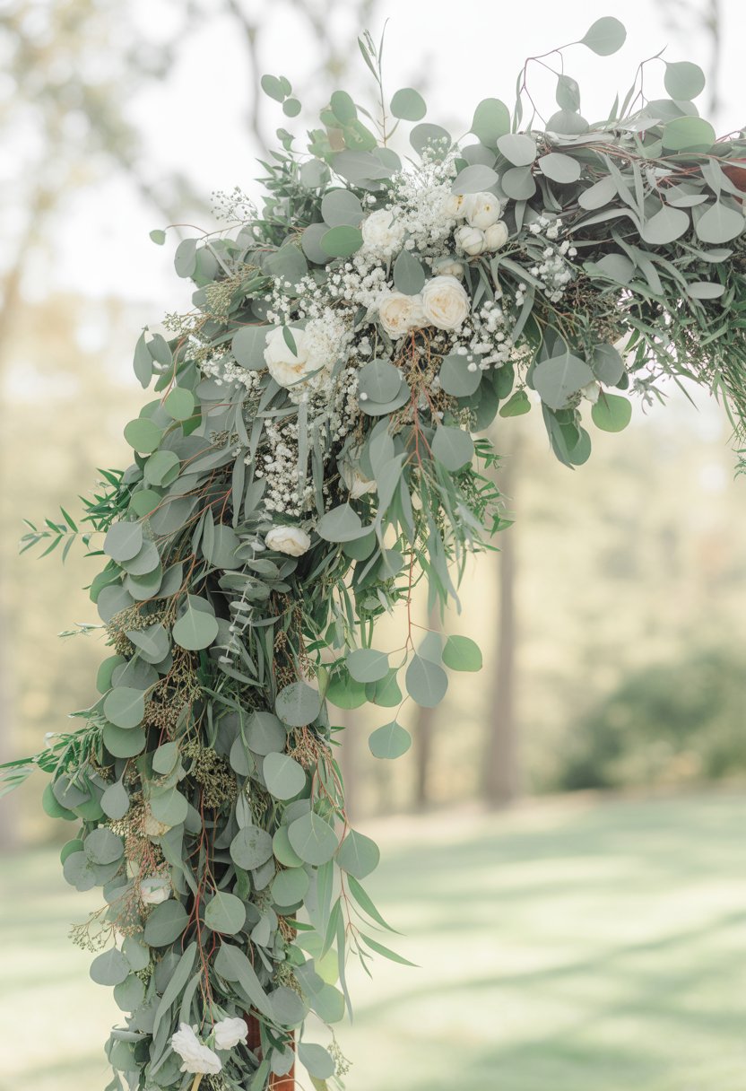 A wedding arch decorated with eucalyptus leaves and white flowers outdoors.