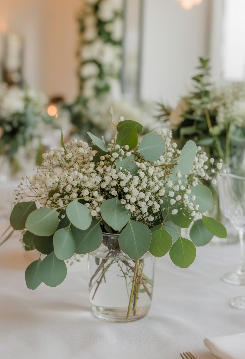 A wedding centerpiece with eucalyptus leaves and baby's breath flowers in a glass vase on a table.