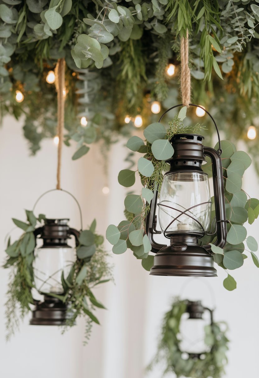 Hanging lanterns decorated with eucalyptus leaves softly glowing in a blurred background.