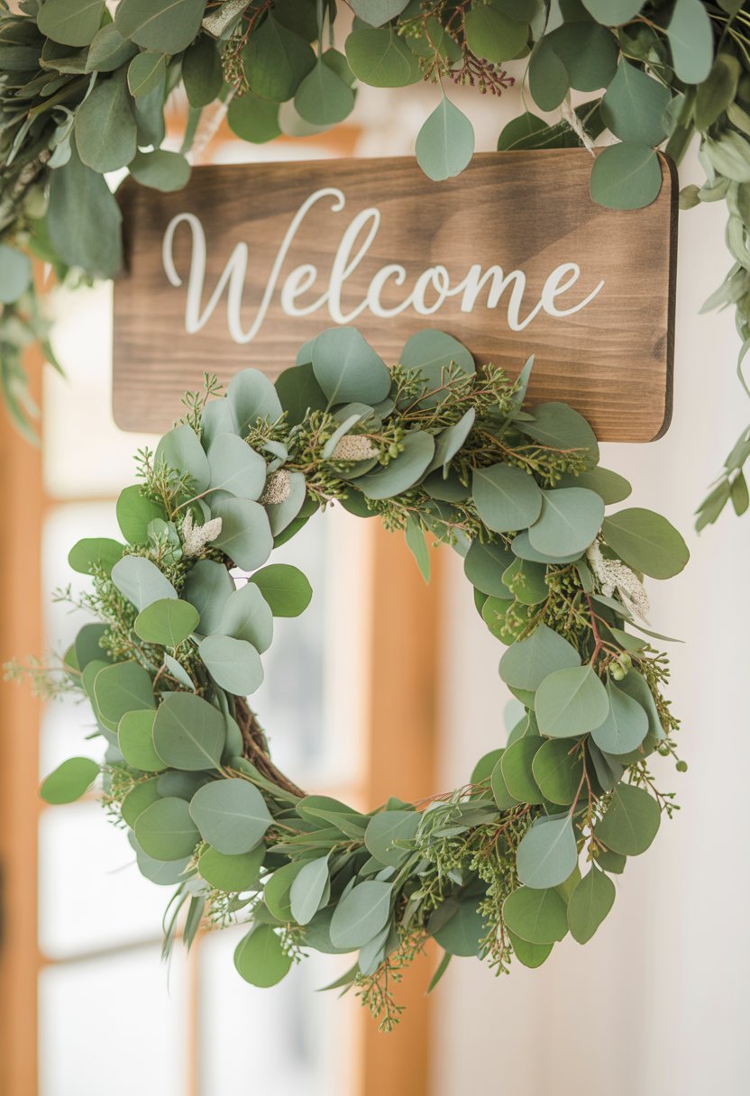 A eucalyptus wreath hanging on a rustic wooden welcome sign surrounded by greenery.