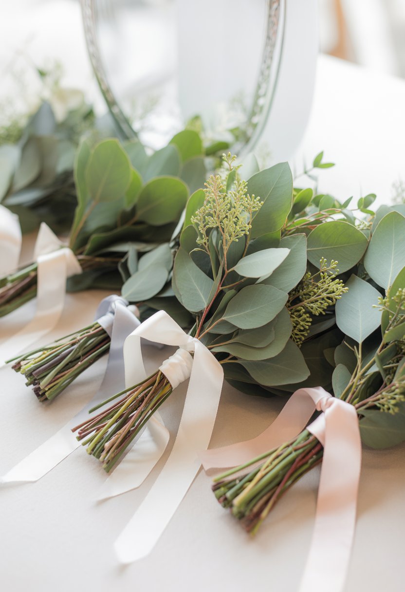Several small eucalyptus bouquets tied with ribbons arranged together for bridesmaids in a bright setting.