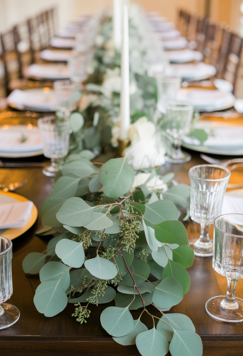 A wedding table decorated with silver dollar eucalyptus leaves running down the center, surrounded by white flowers and table settings.