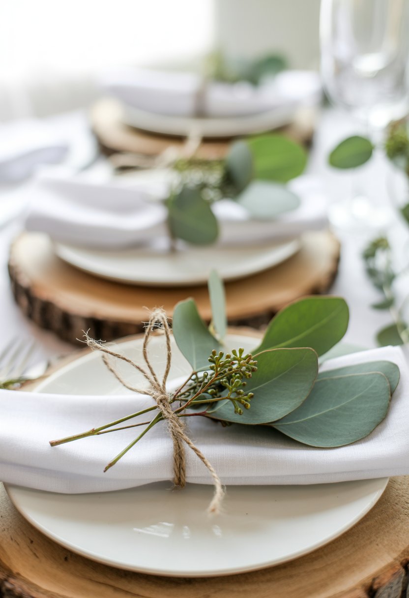 Eucalyptus sprigs tied to white napkins with twine on a wooden table.