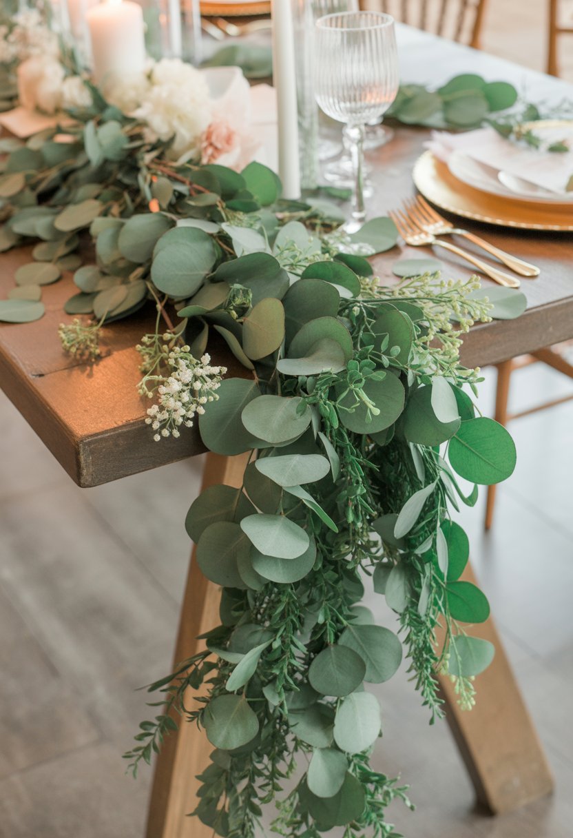A wedding table decorated with faux eucalyptus garlands, white flowers, candles, and rustic wooden accents.