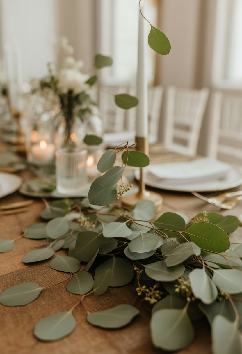 Close-up of eucalyptus leaves scattered as confetti on a wooden surface with blurred wedding decor in the background.