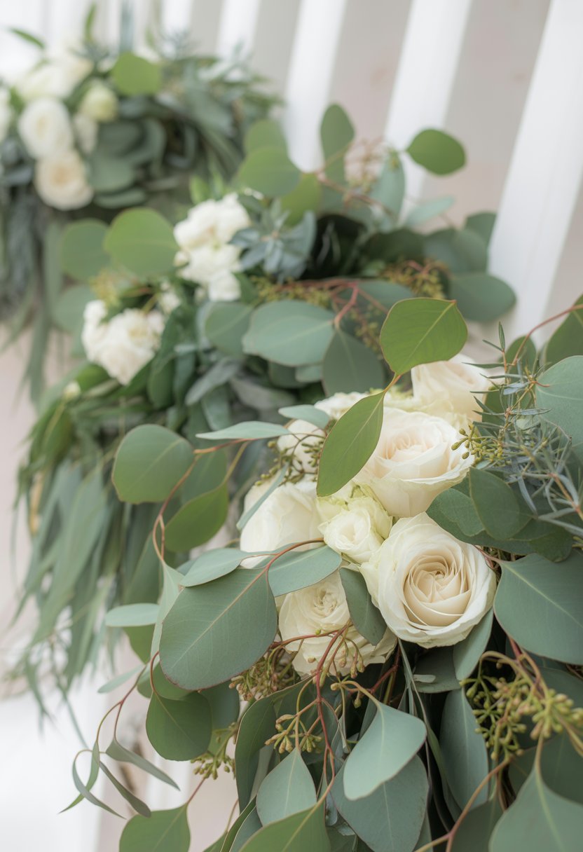 Layered bouquets of eucalyptus leaves and white roses arranged together for wedding decoration.