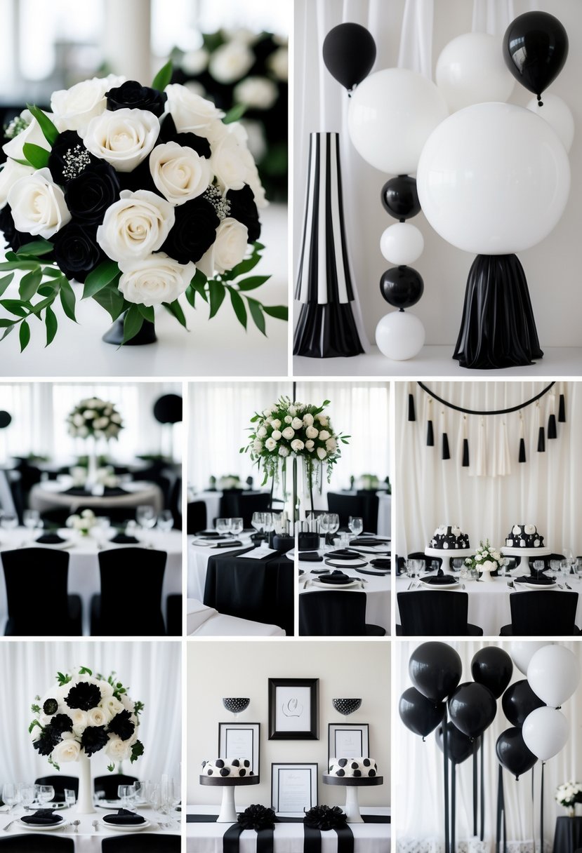A wedding reception area decorated with black and white floral arrangements, table settings, candles, ribbons, and various elegant decor elements.