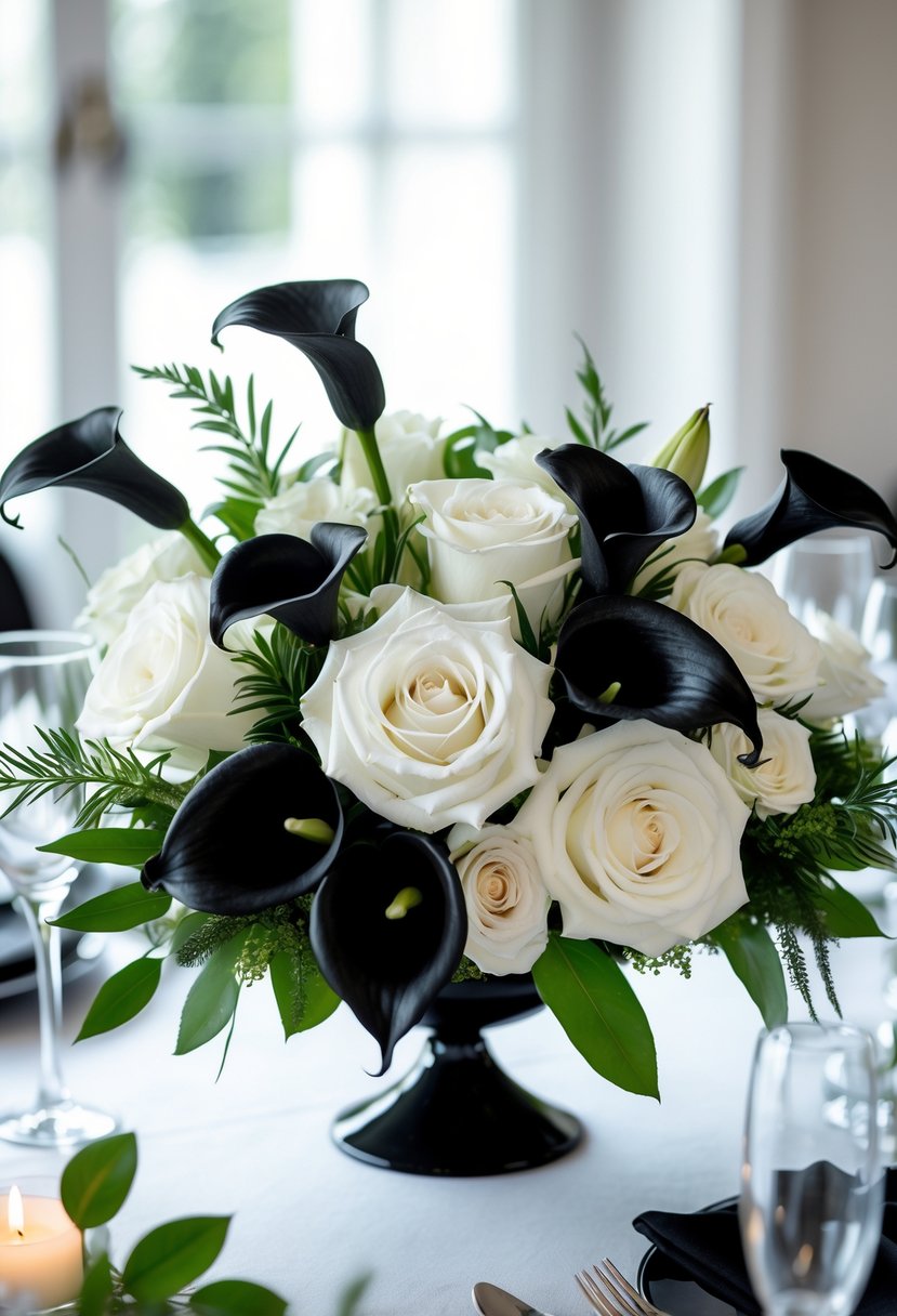 A wedding table with floral centerpieces featuring white roses and black calla lilies.